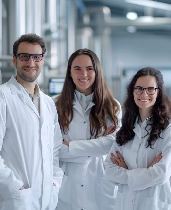 Team of scientists in white coats working together in a modern,well-equipped medical research laboratory,focusing on innovation,discovery,and technological advancement in the field of science.