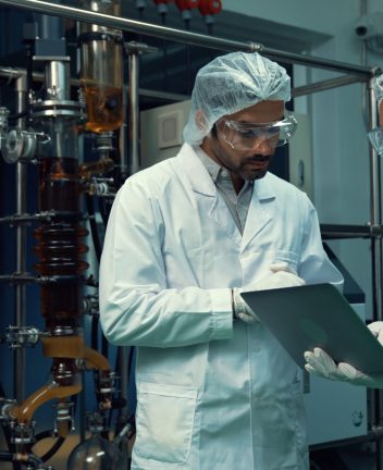 Two scientist in professional uniform working in laboratory for chemical and biomedical experiment